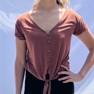 Cuff sleeve button up blouse with tie at bottom